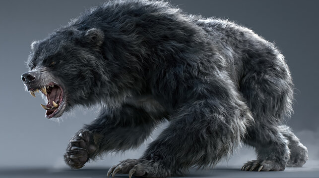 Aggressive black bear snarling on gray background