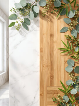 Minimalist green eucalyptus on marble and wood summer background