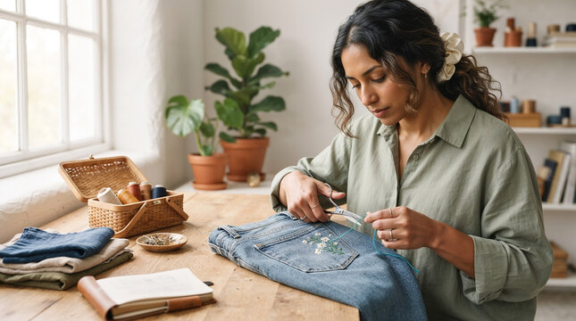 Woman practicing sustainable fashion by embroidering and mending denim jeans.