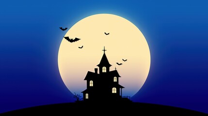 Fototapeta premium 満月の夜にそびえ立つ不気味な洋館とコウモリの影