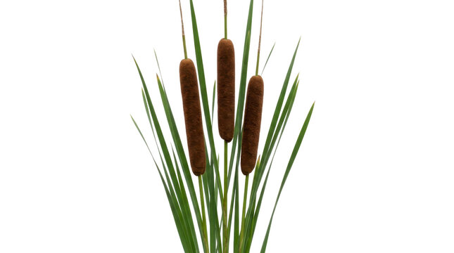 Cattail plant stalks with green leaves on a transparent background PNG file