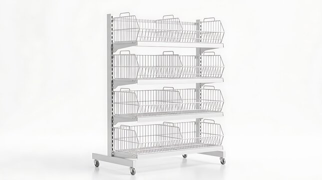 Modern White Shelving Unit with Wheels Displaying Various Items