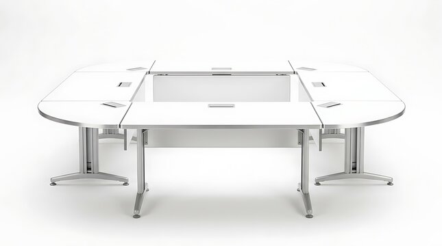 Modern White U Shaped Conference Table with Chrome Legs in a Studio Setting