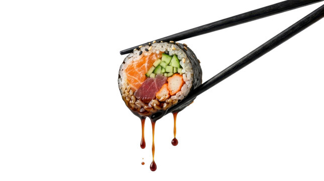 Sushi roll held by chopsticks with soy sauce dripping on a transparent background PNG file