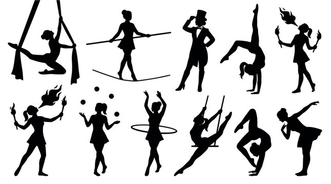 Women Circus Performers Silhouettes Set, Black vector icons of acrobats and jugglers, Carnival show artists and fire breathers for event posters,show, artist, fire breather, vector, gymnast, aerialist