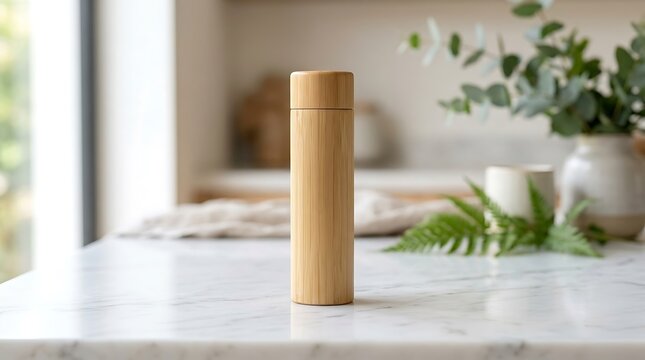 Natural Bamboo Container on Marble Countertop with Greenery