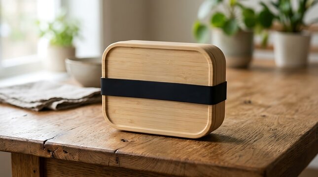 Natural Bamboo Lunch Box with Black Elastic Band on Wooden Table