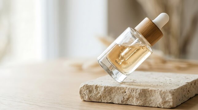 Natural Oil Dropper Bottle with Bamboo Lid Resting on Textured Stone Surface