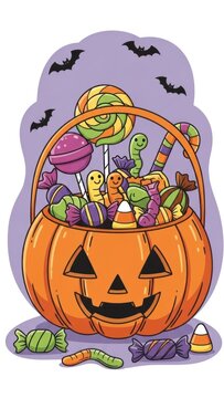 Halloween pumpkin filled with colorful candy and treats under a spooky night sky.