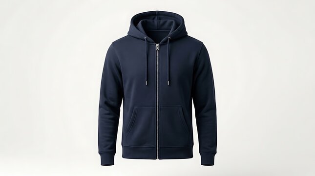 Navy Blue Full Zip Hoodie with Ribbed Cuffs and Hem on White Background