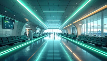 Obraz premium Empty modern airport lounge with green light accents.