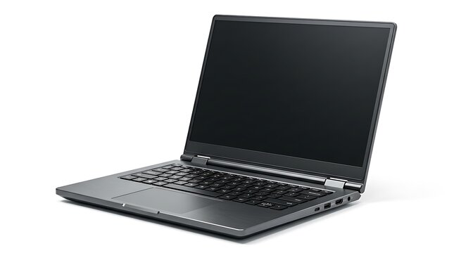 Modern Sleek Laptop Computer Open With Blank Screen on White Background
