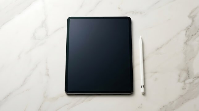 Modern Tablet Device and Stylus Pen on Marble Surface Top View