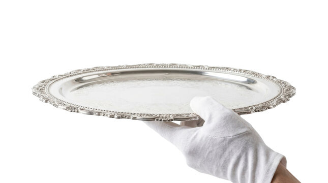Hand in a white glove holding a vintage silver serving tray PNG file on a transparent background