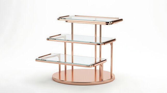 Modern Three-Tiered Display Stand with Rose Gold Frame and Glass Shelves