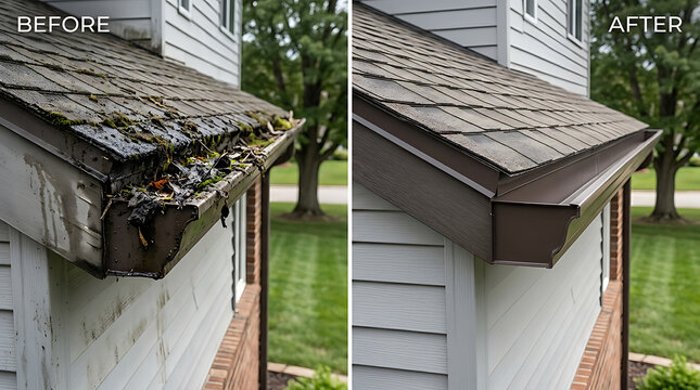 comparative image showcasing roof gutter cleaning and replacement services highlighting before and after results for a