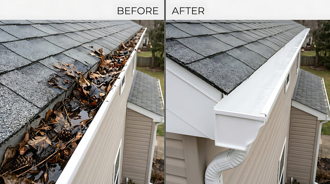 Home gutter cleaning transformation showing removal of debris and installation of clean white gutter system with improved