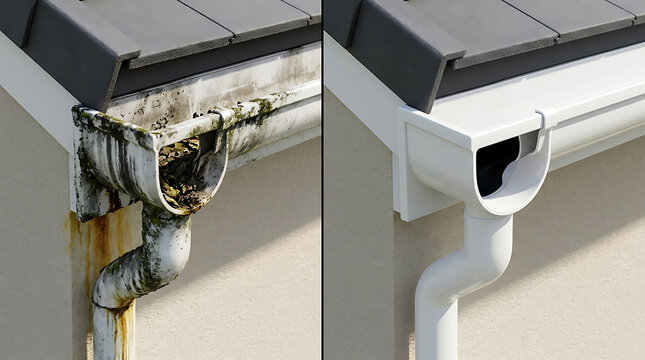 side-by-side comparison of dirty and clean gutter system emphasizing maintenance and cleaning effectiveness
