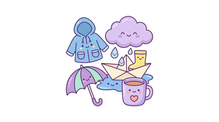 Fototapeta premium Kawaii rainy day icons with clothes and accessories.