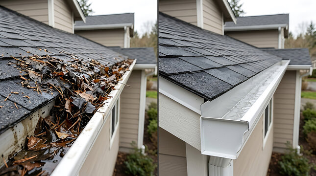 Comparison of a neglected leaf-covered roof to a clean and well-maintained gutter system showing cleaning and maintenance effects