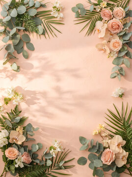 Flat lay of tropical flowers and leaves on a peach summer background