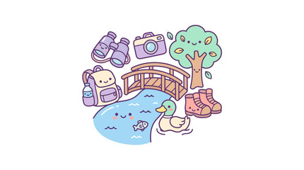 Naklejka premium Kawaii river landscape with bridge and duck.