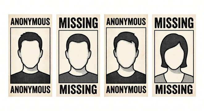 Faceless halftone portrait placeholders in vintage newspaper style for anonymous or missing person templates.