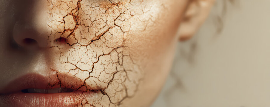 Dry cracked facial skin on close up woman face, skincare concern and desert dryness texture
