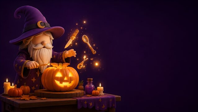 Gnome in wizard hat crafts glowing jack-o-lantern. Candles flicker softly beside carved pumpkin. Spells float in air as he stirs magical concoction. Wooden table holds potion bottles, small pumpkins