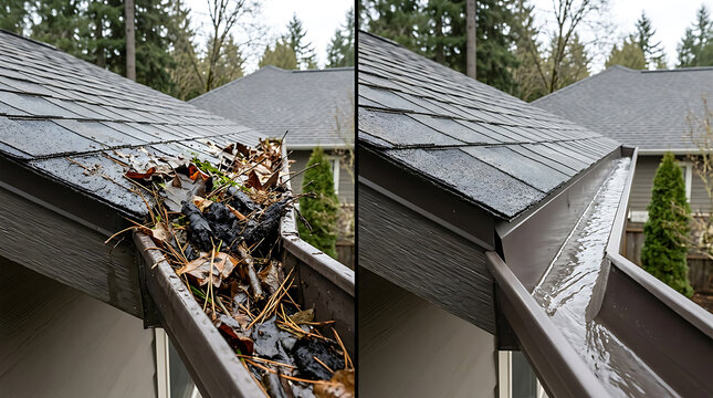 Gutter cleaning transformation showcasing cleanup of debris and leaves from residential roof gutter system for improved drainage