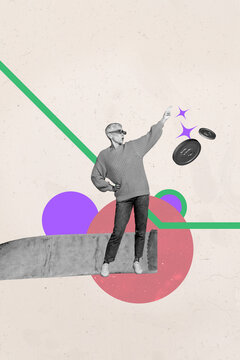 Pop zine sketch artwork collage of happy businessman businesswoman stand gum wrapper receive dollar coin income capital bonus