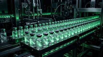 Fototapeta premium Rows of medical vials filled with shimmering silver liquid are illuminated by bioluminescent green light in a dark automated facility room.