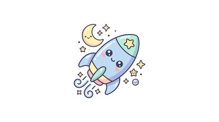 Fototapeta premium Kawaii space rocket ship mascot flying through moon and stars.