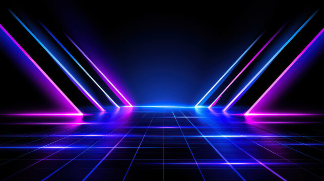 Neon light abstract background with blue and magenta glow, dark grid floor and empty futuristic space