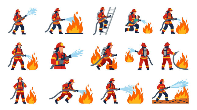 Firefighters battling flames with water hoses in various action poses.