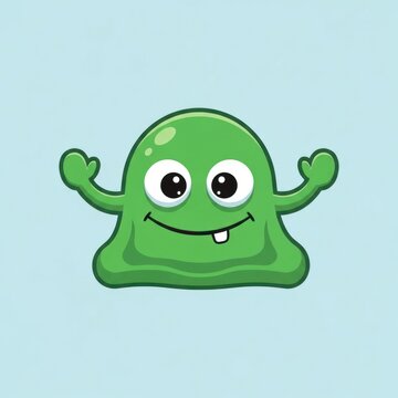 Bright green friendly cartoon slime character with big eyes on a soft blue background.