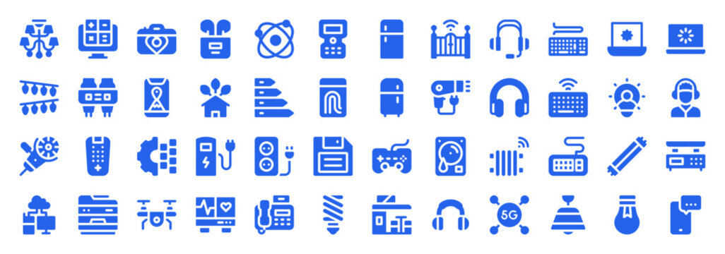 Blue Flat Icon Set of Smart Home Electronics and Modern Household Gadgets