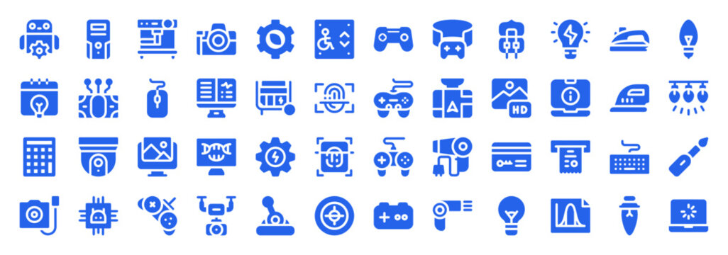 Blue icon set of gaming peripherals, home appliances, and office electronics for digital interface design