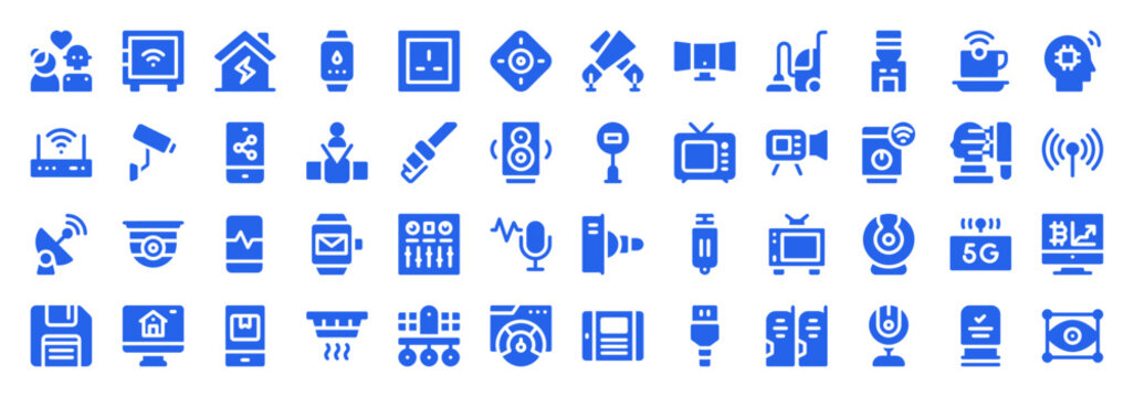 Collection of blue smart home and IoT icons showing connected devices, network symbols, and wireless communication