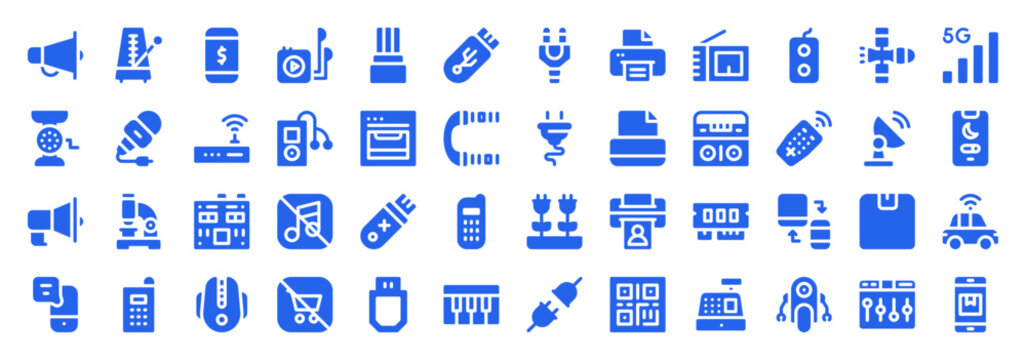 Diverse blue technology icons including audio equipment, computer peripherals, and general electronic gadgets