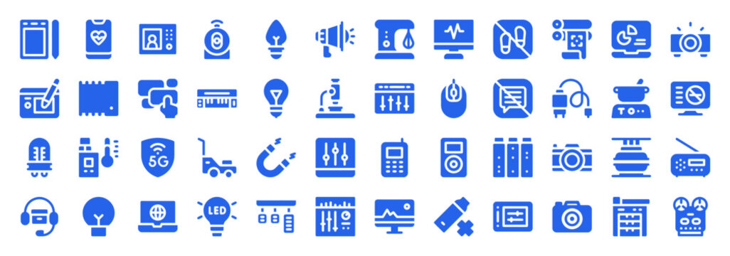Set of blue electronic device icons featuring gadgets, communication tools, and laboratory equipment for tech projects