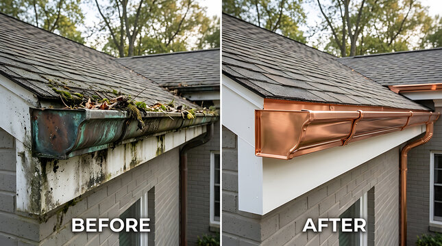 garage gutter replacement showing rust removal and new copper installation on a residential building roof