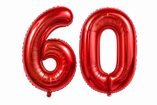 Two large, shiny red foil balloons shaped like the number 60 are displayed against a white background.