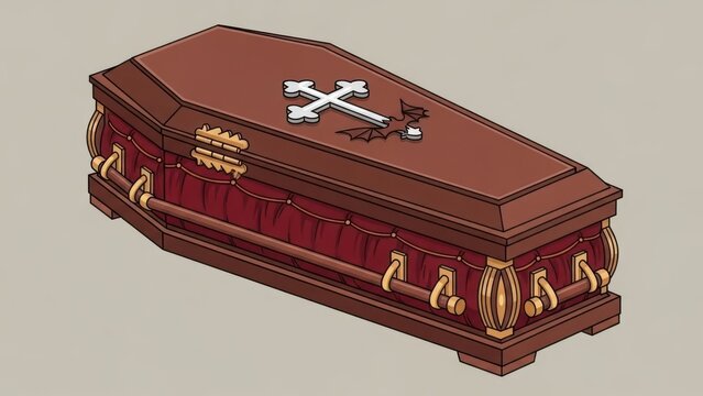 Traditional wooden coffin with brass handles and cross emblem on lid.