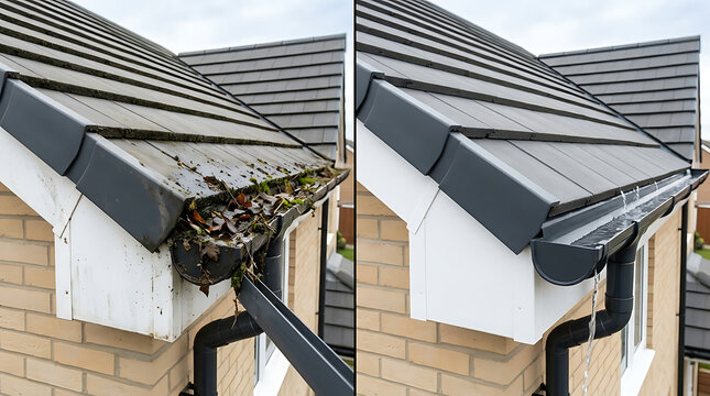 before and after roof gutter cleaning showcasing transformation of gutter system for enhanced drainage and curb appeal of