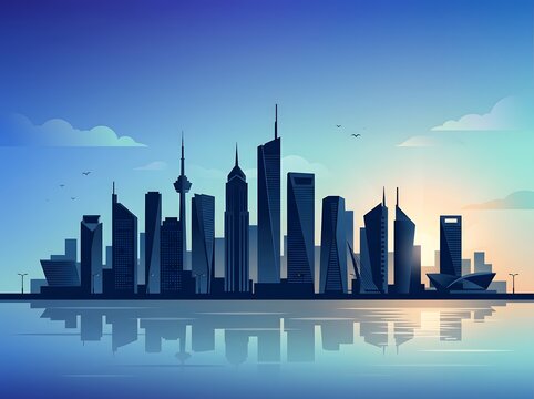 Modern city skyline silhouette at sunset with water reflection