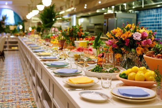 Restaurant table setting, festive heritage setting with bright national colors