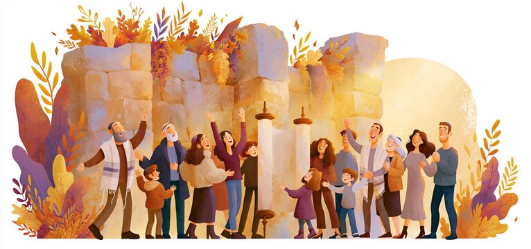 A diverse family gathers in warm golden light to celebrate Simchat Torah with a decorated Torah scroll near an ancient stone wall.