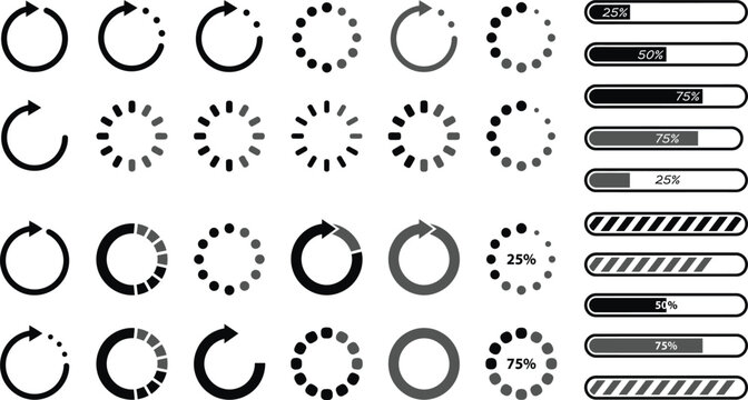 Loading Progress Indicators Set, Circular Preloader Icons and Progress Bars UI Elements Vector Collection