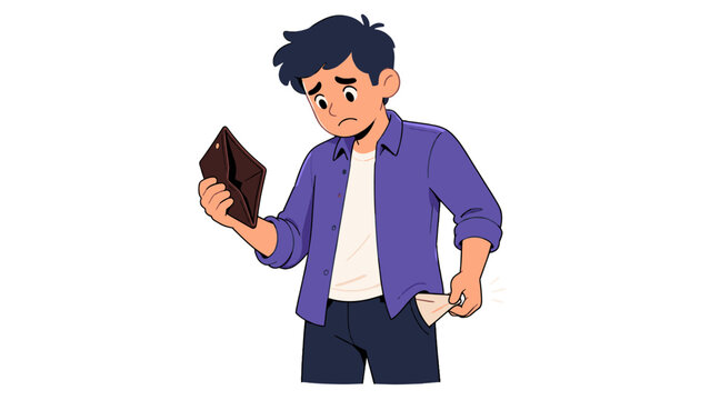 Worried young man holding empty wallet and turned out pocket